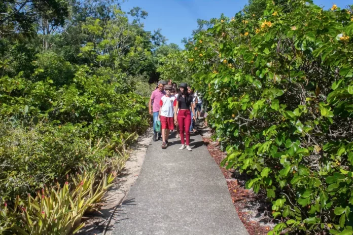 Visitantes percorrem trilha ecologica no Parque dos Passaros Foto Allexandre Costa